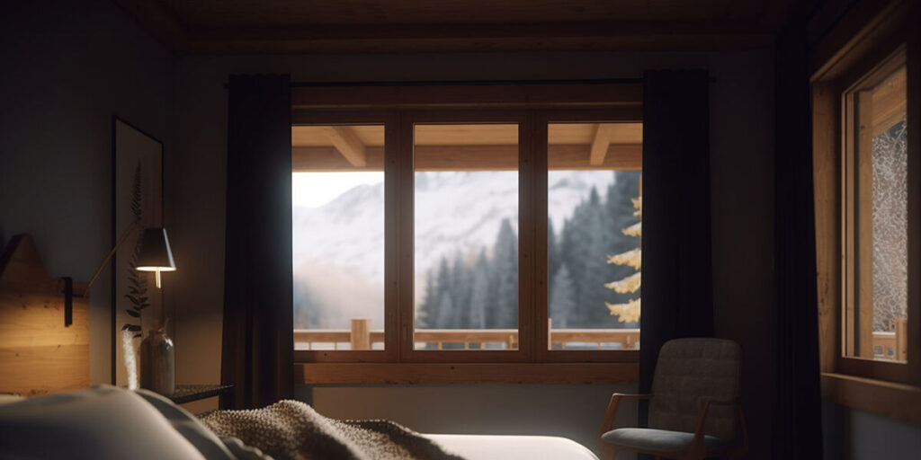 A cozy bedroom with wooden furniture faces a large window, revealing a snowy mountain and pine trees outside.