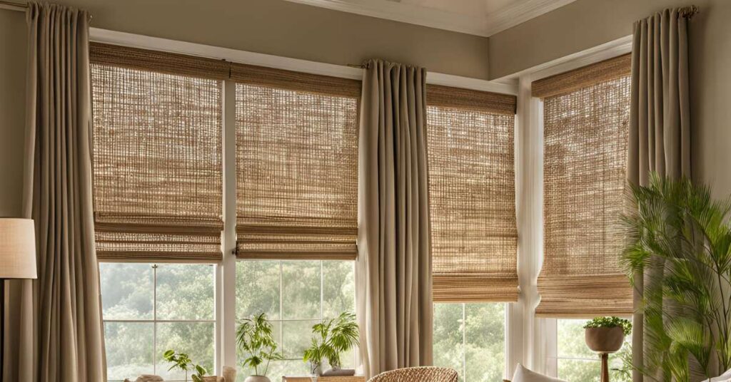 A cozy room with large windows features woven bamboo shades, beige curtains, indoor plants, and natural light filtering in.