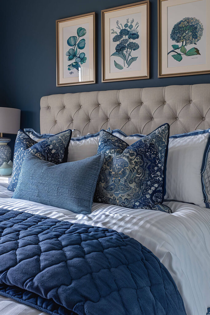A neatly made bed with blue and white bedding, patterned pillows, and a tufted headboard, against a dark blue wall with botanical artwork above.