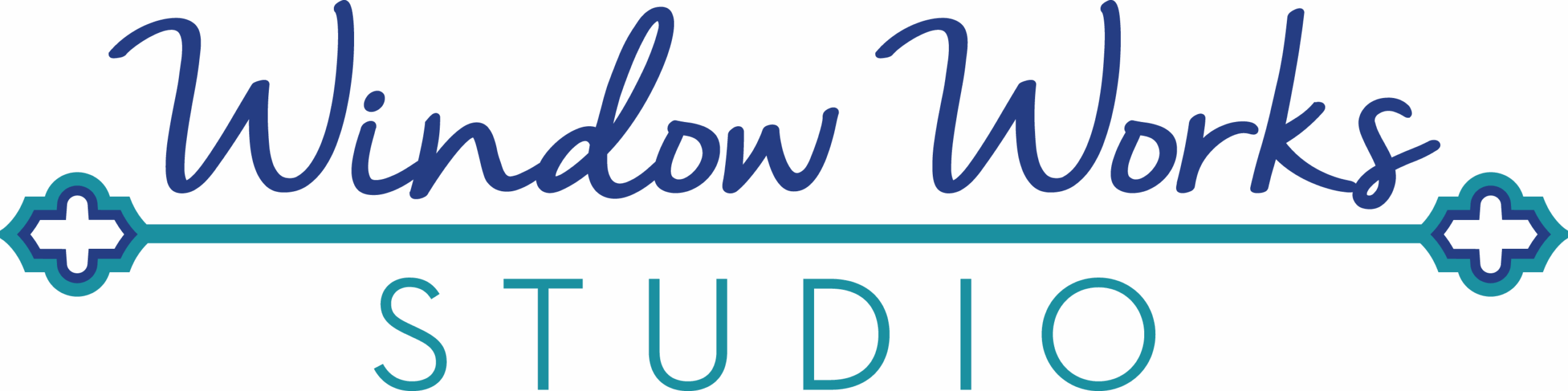 Logo for Window Works Studio with stylized text, a horizontal line featuring decorative elements at both ends, and the word "STUDIO" in uppercase below.
